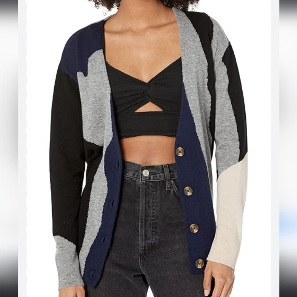 LABEL Inartsia Cashmere Wool Cardigan 4-Button V-Neck Black Blue Gray sz S